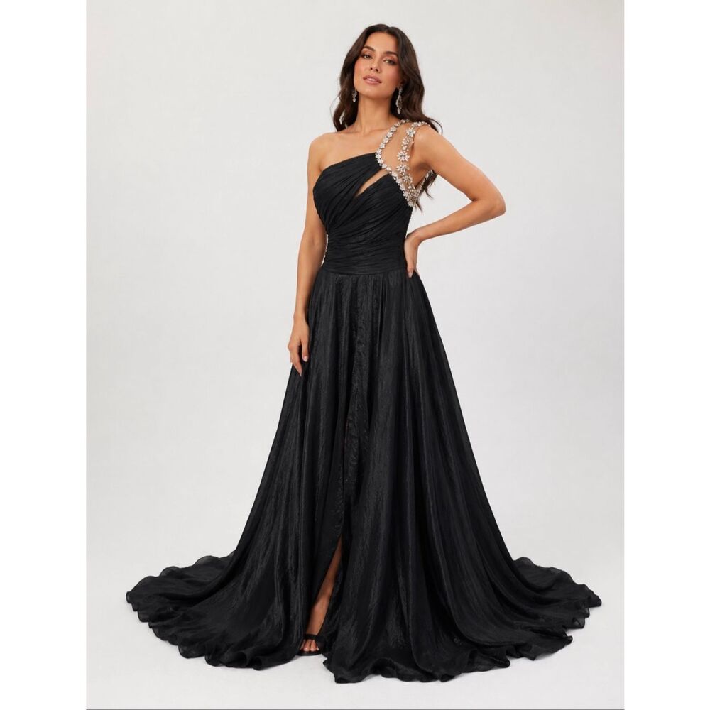 Tarik Ediz Black Crystal One Shoulder Gown EU 42 US 10 Formal Dress